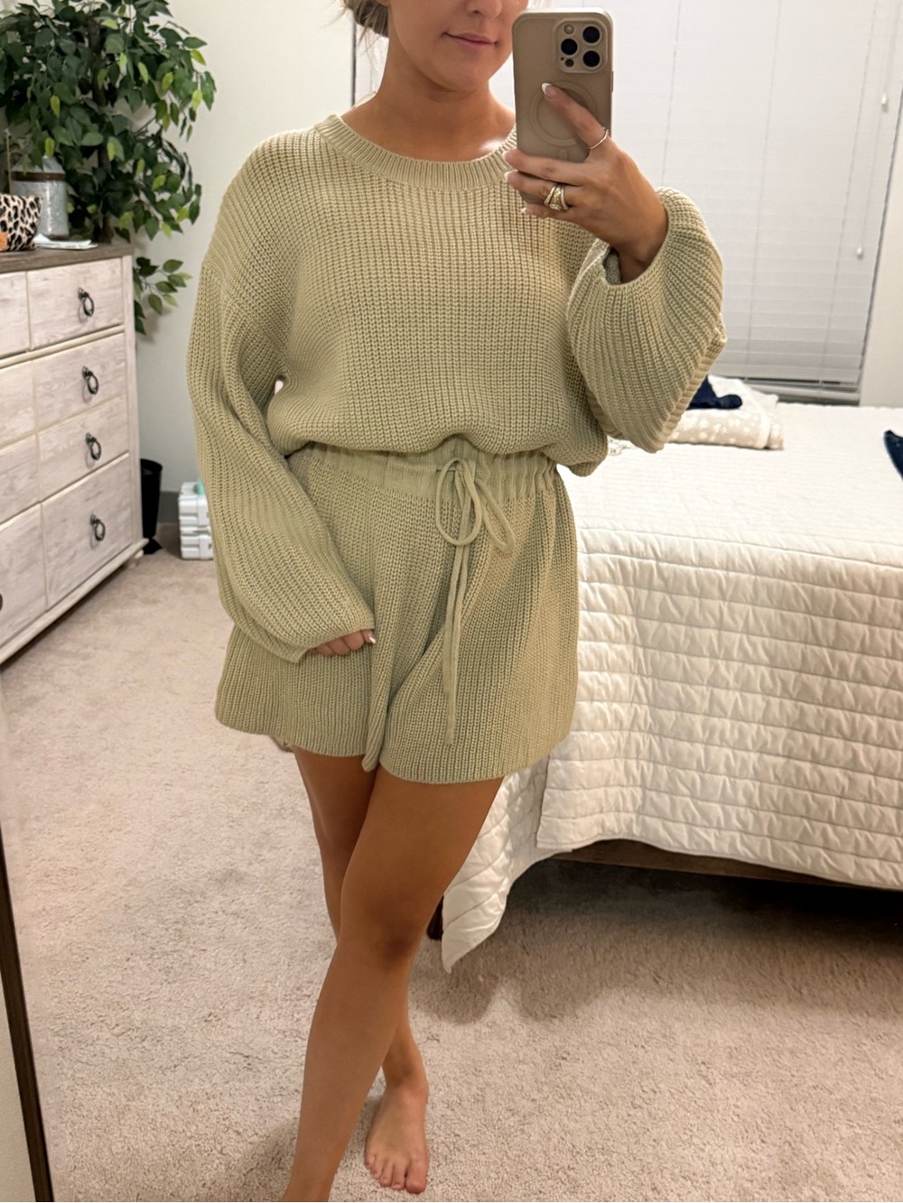 Knit Tie-Waist Romper in Cream Beige